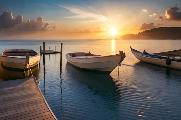 A sunset with boats on the water and a dock in the background