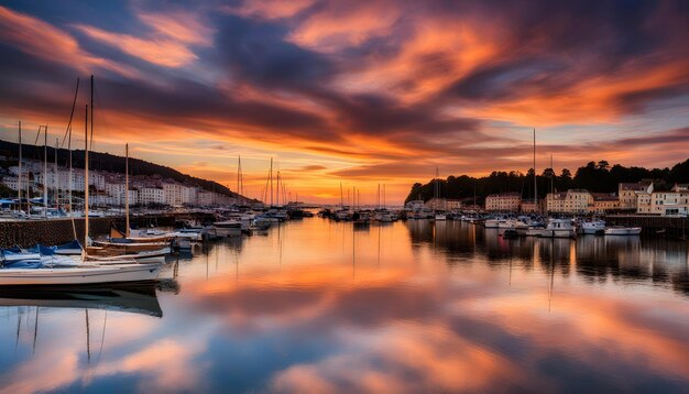 Photo a sunset with boats in the water and the sky with the sun setting behind them