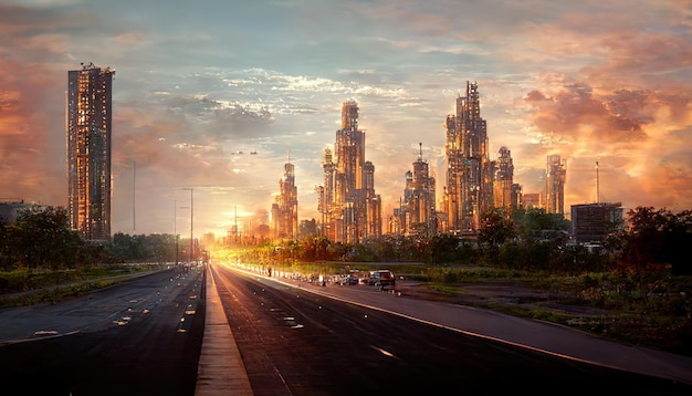 Sunset with bright rays in the sky and fluffy clouds over the city with skyscrapers and a highway