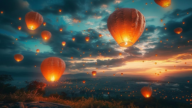 a sunset with a bunch of balloons flying in the sky