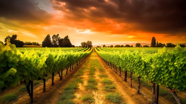 A sunset with a bunch of vines in the foreground