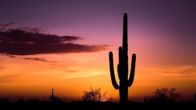 A sunset with a cactus in the foreground and a purple sky in the background.