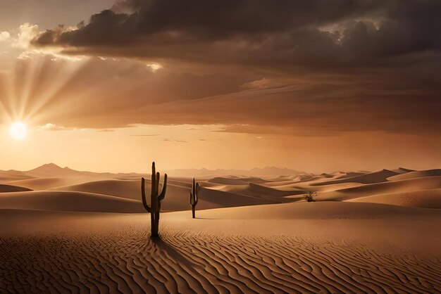 Foto un tramonto con un cactus in mezzo al deserto