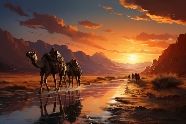 a sunset with camels and mountains in the background