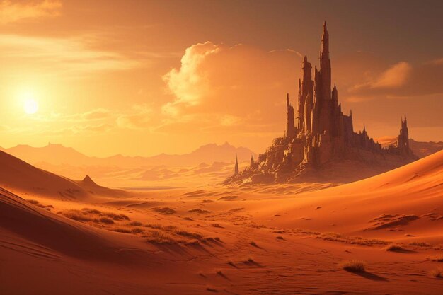 A sunset with a castle in the desert