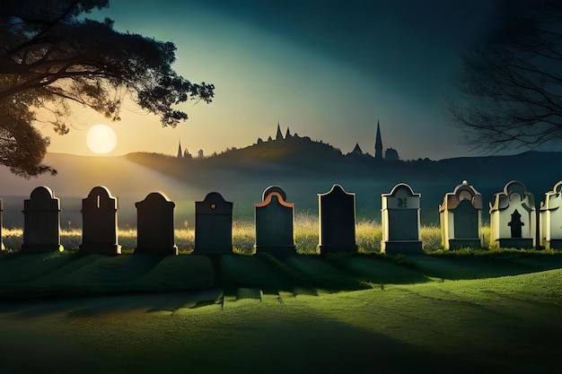Photo a sunset with a cemetery in the foreground and a castle in the background.