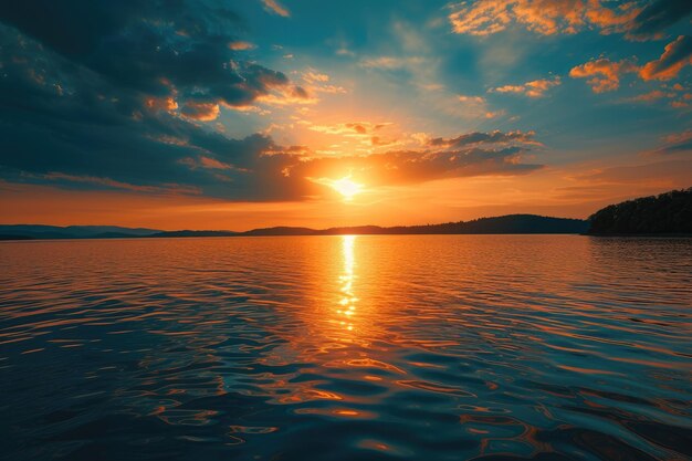 a sunset with clouds over a lake