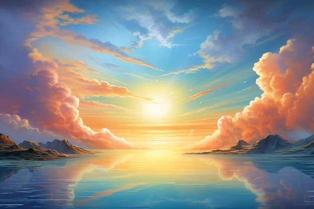 a sunset with clouds and mountains reflected in the water.