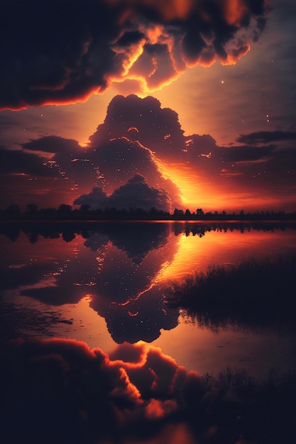 Sunset with clouds reflecting in a body of water generative ai