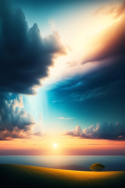 A sunset with clouds and sun in the sky