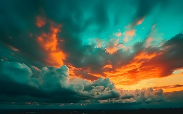 曇り空の夕日と少し雲のある青空