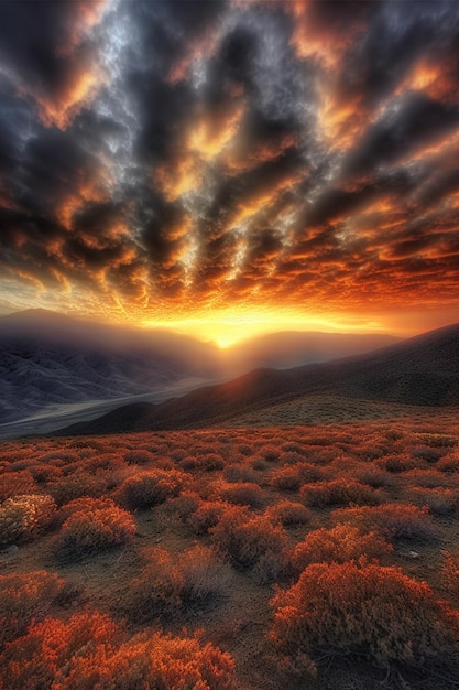 A sunset with a cloudy sky and a field of flowers.