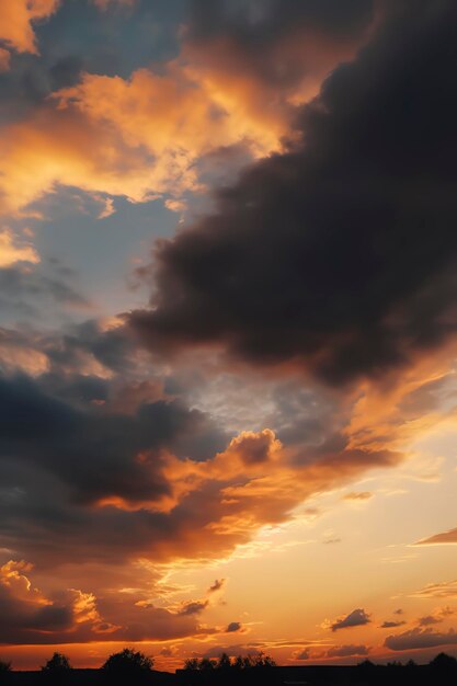 A sunset with a cloudy sky and a tree in the foreground