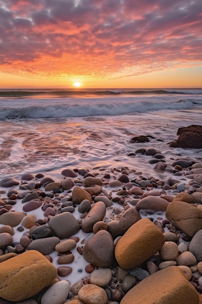 A sunset with a colorful sky and rocks on the beach