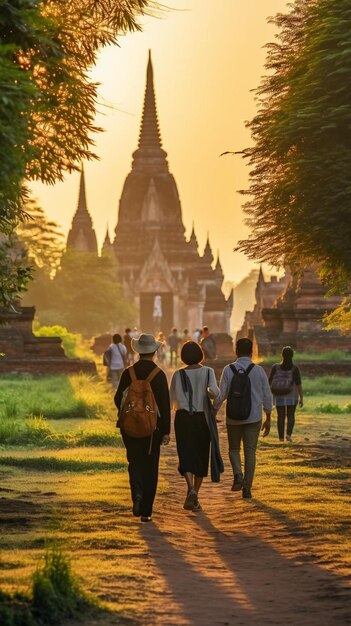 Photo a sunset with a couple walking in front of a temple