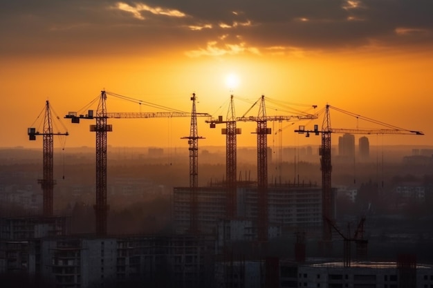 A sunset with cranes on the horizon