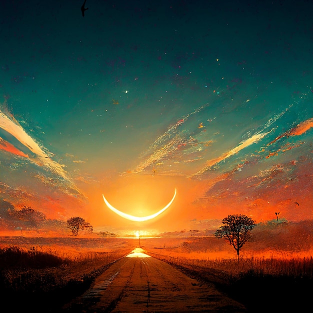 sunset with a crescent and a tree in the middle of a road generative ai