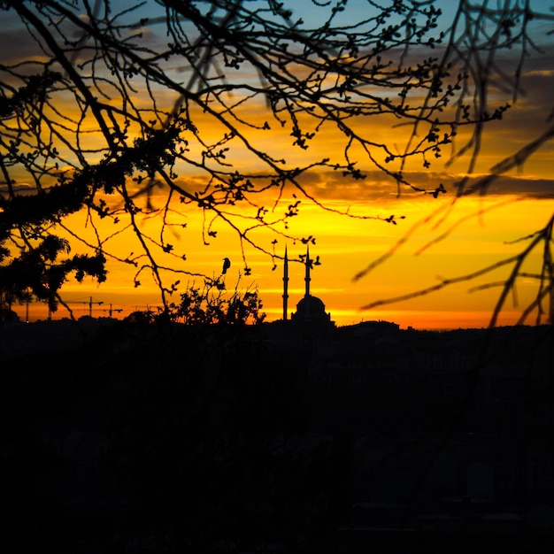 A sunset with a cross in the foreground and a tree in the background.