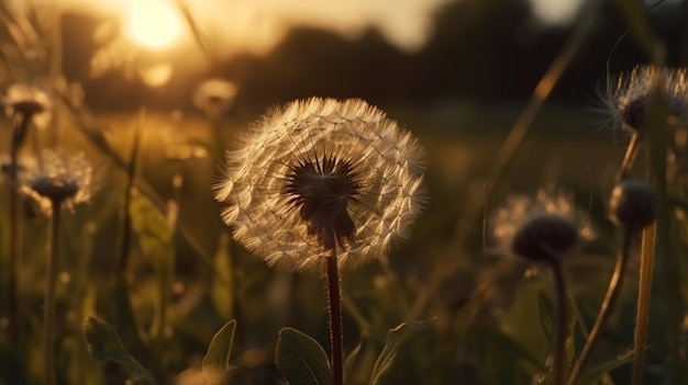 前景にタンポポ、背景に家がある夕日生成 AI