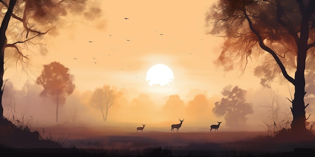 A sunset with a deer in the foreground