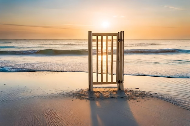 A sunset with a door in the sand