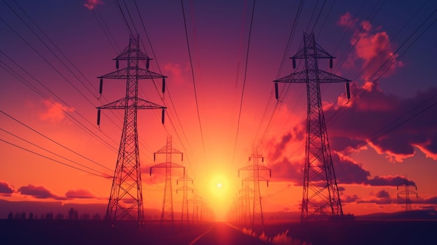 A sunset with electricity pylons and the sun setting behind it