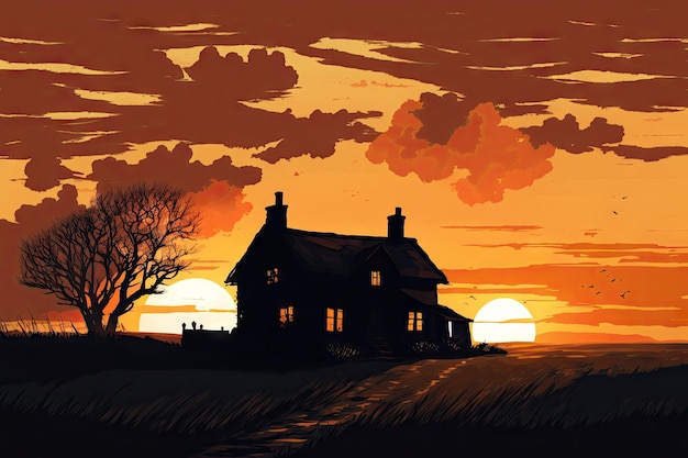 Sunset with the farmhouse silhouetted against the sky