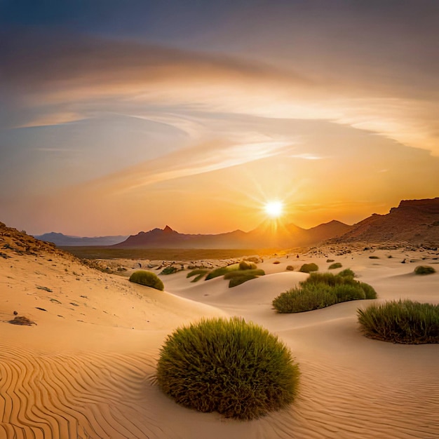 砂漠の真ん中に数本の緑の植物がある夕日。