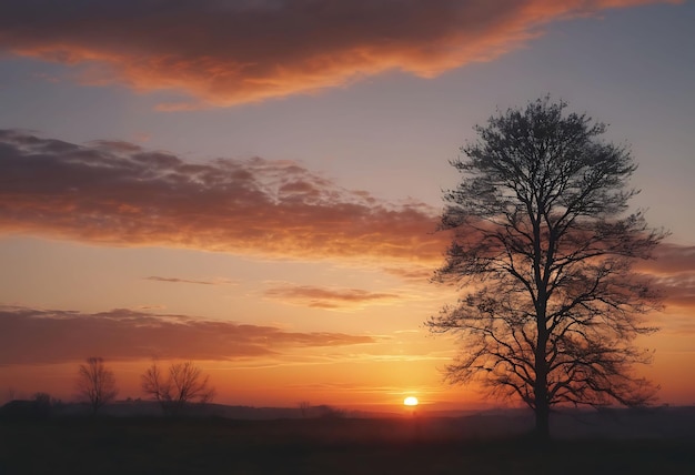 a sunset with a few trees and a sky with clouds