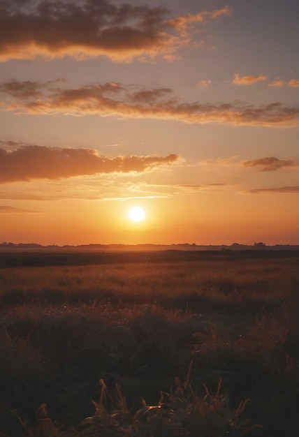 a sunset with a field and a few clouds in the background