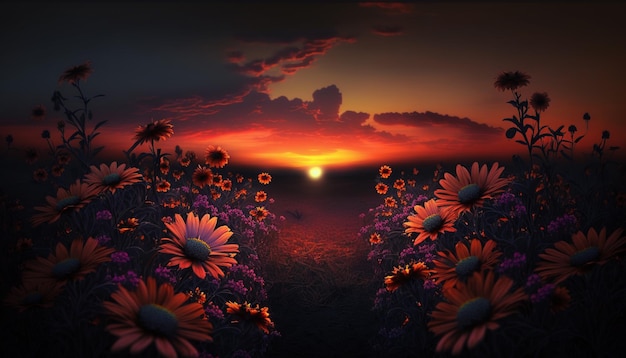 A sunset with a field of flowers and a sunset