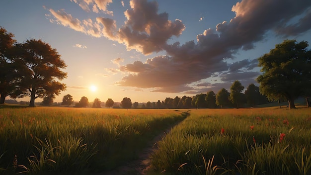 a sunset with a field and a path in the foreground