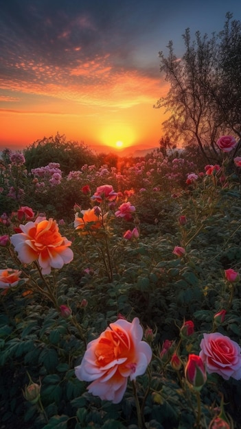 A sunset with a field of roses