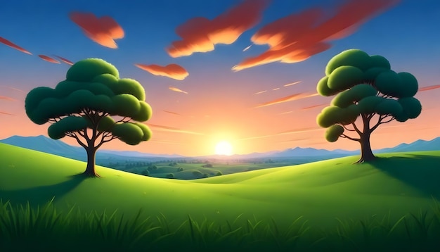 Foto un tramonto con un campo e alberi sulla destra