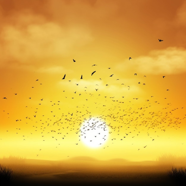 A sunset with a flock of birds flying in the sky.