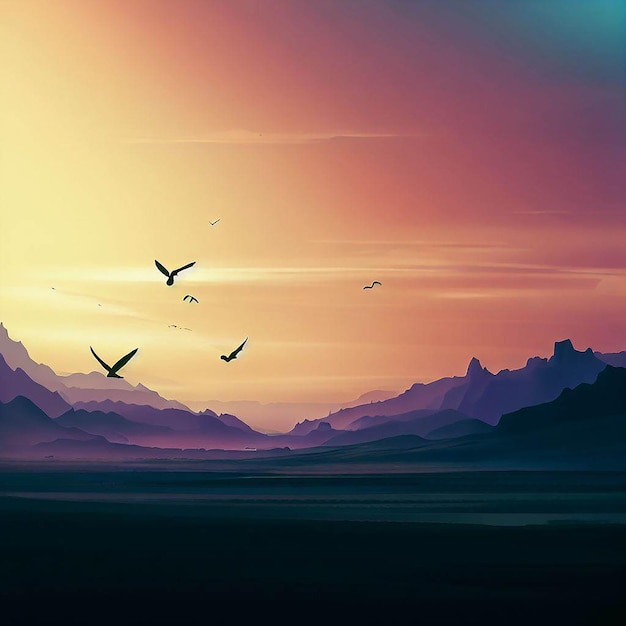 sunset with flying birds landscape vector