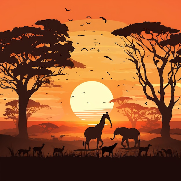 a sunset with a giraffe and animals in the foreground