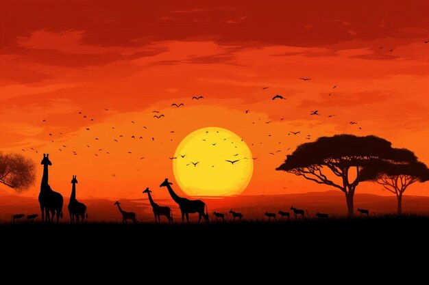 a sunset with giraffes and giraffes in the foreground and a sunset in the background