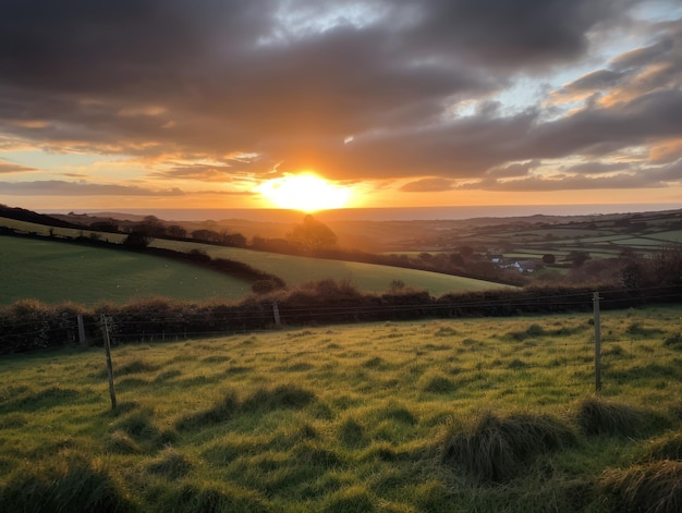 A sunset with green grass and a fence in the foreground