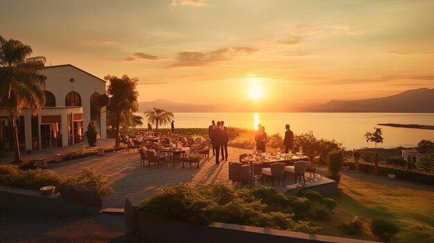 Photo a sunset with a group of people sitting at a table and a sunset