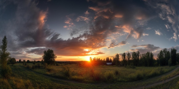 A sunset with a house in the background