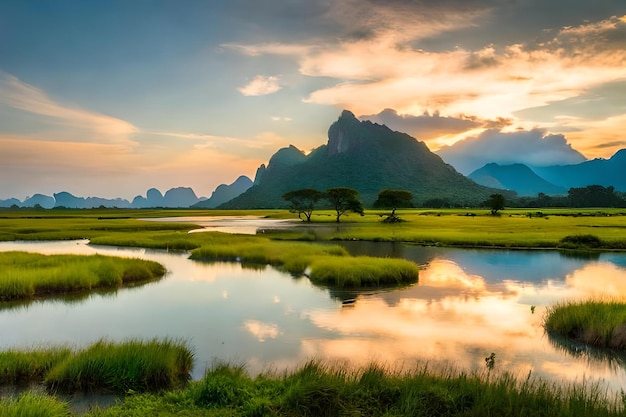 A sunset with a lake and mountains in the background