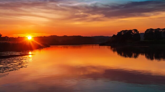 a sunset with a lake and a sunset in the background