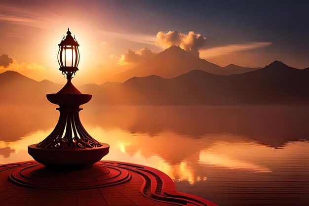 Photo a sunset with a lamp and mountains in the background