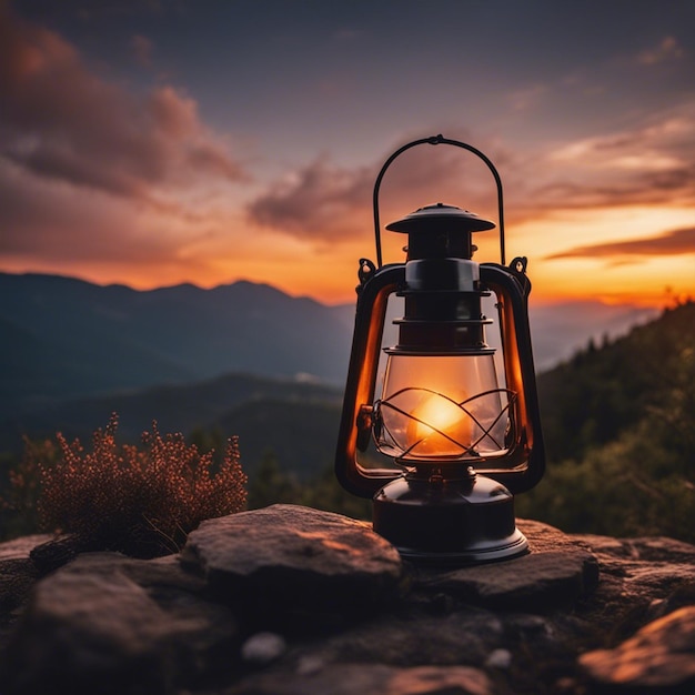 Foto un tramonto con una lanterna e carta da parati di montagna