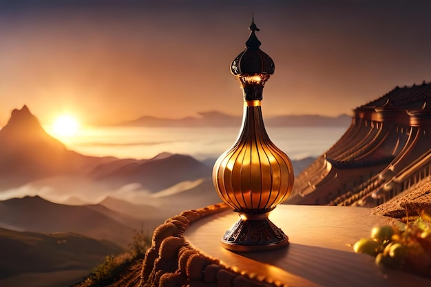 A sunset with a lantern on the top of a mountain