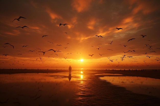 a sunset with a man standing in front of a body of water and birds flying above it