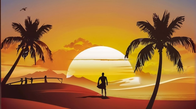 a sunset with a man walking on the beach