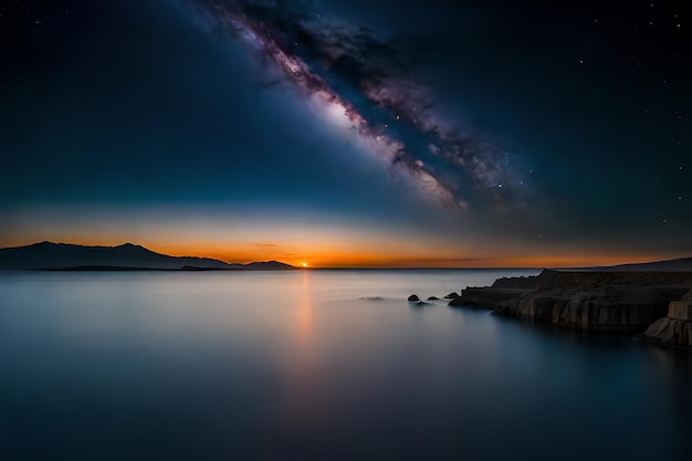 A sunset with the milky way above the water