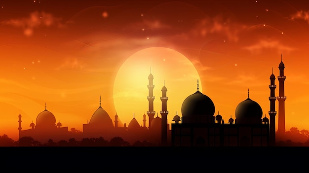 A sunset with a mosque and a large sun